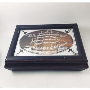 Men's Black Nautical Jewelry Box Painted Wood Sailing Ship Glass Top Mirror Prim